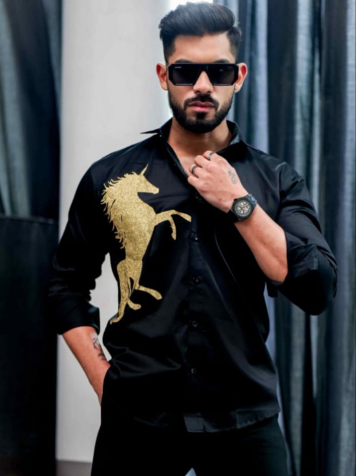 Streak Hawk Black Club Wear Horse Printed Satin Cotton Shirt